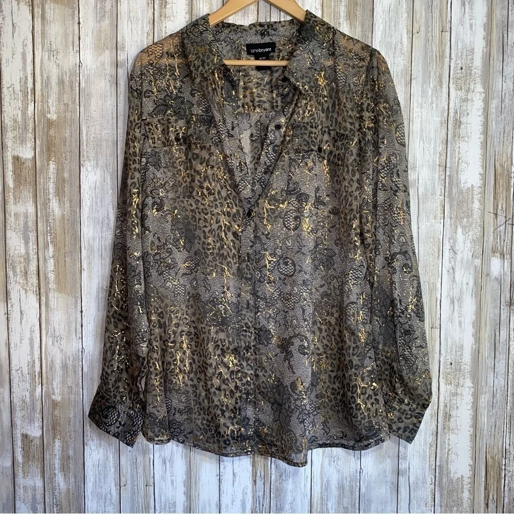Lane Bryant Brown & Gold Mixed Print Sheer Button Down - Picture 1 of 6